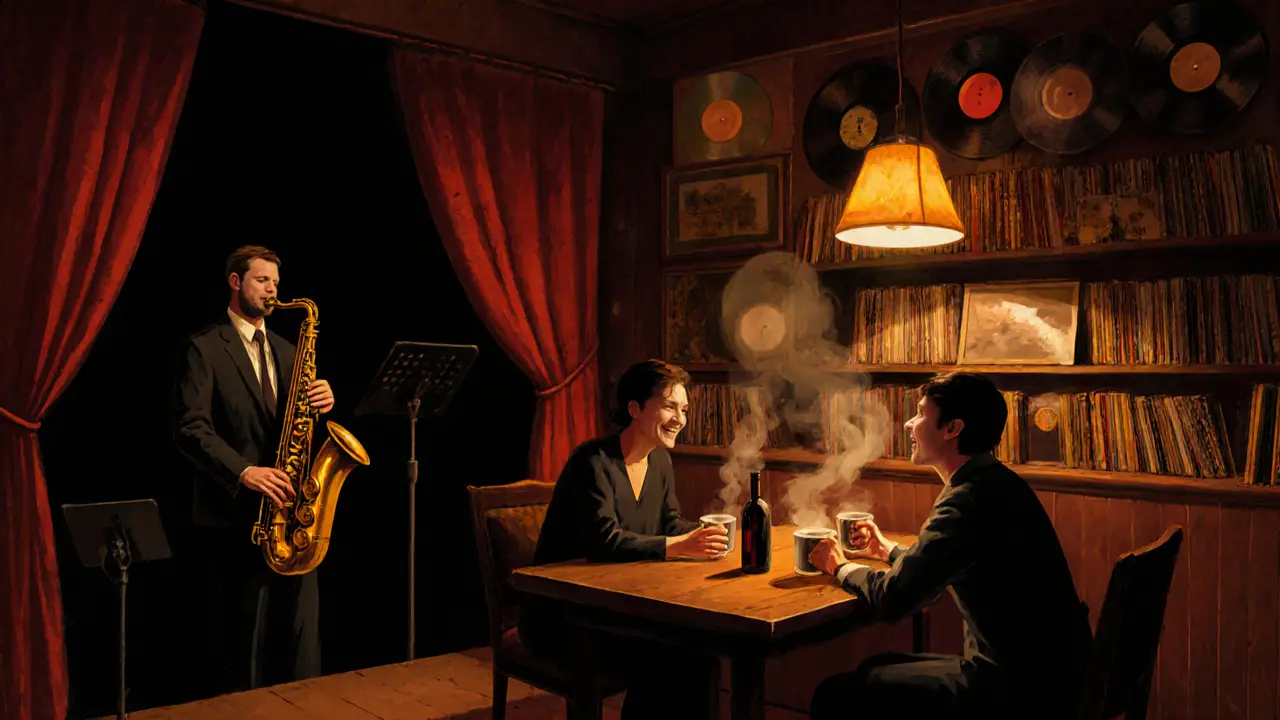 Intimate jazz bar scene in Haidhausen with two people laughing over wine, dim lighting, saxophone player on stage, vintage decor.