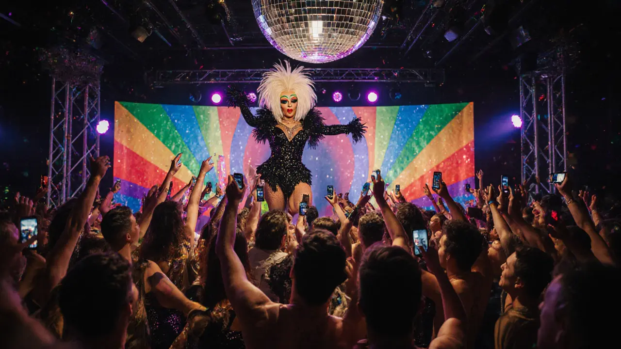 Lively queer nightclub with glittering lights, drag performer on stage, and cheering crowd.