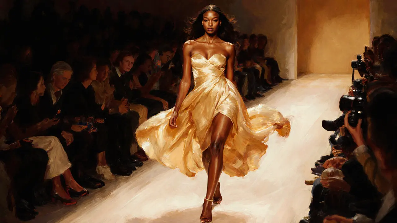Naomi Campbell walks barefoot on the runway after her heel breaks, calm and powerful, silk gown swirling.