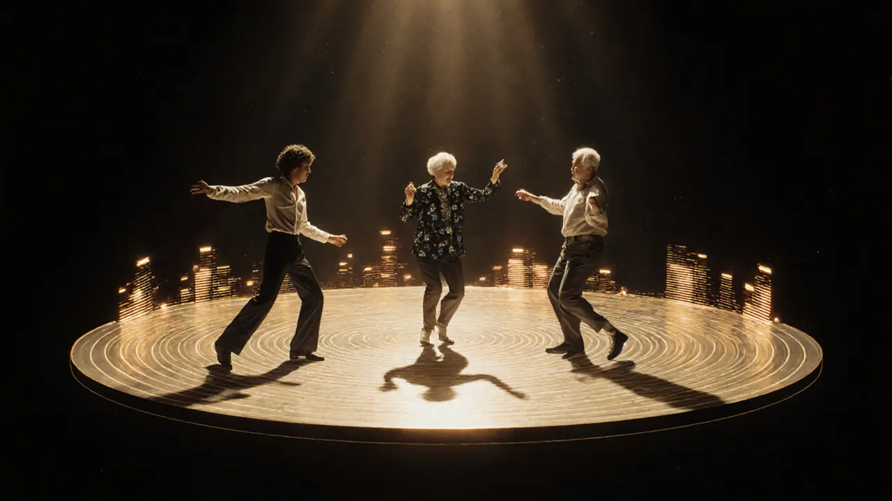 Overlapping figures from different generations dancing in a timeless circle, surrounded by glowing soundwaves.