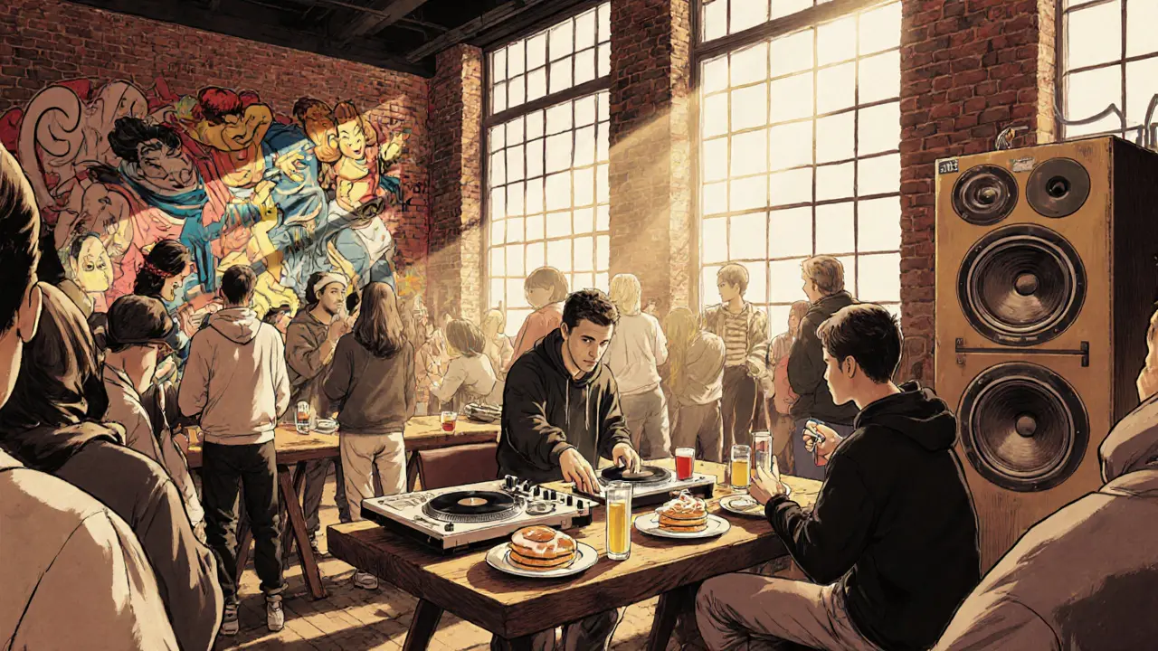 People enjoying pancakes and drinks in a sunlit club on a Sunday morning, with vinyl records and speakers visible.