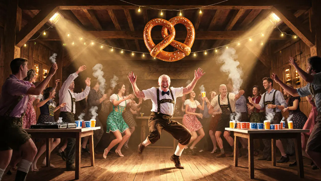 People in lederhosen dancing at a beer hall party with polka beats and beer pong tables.