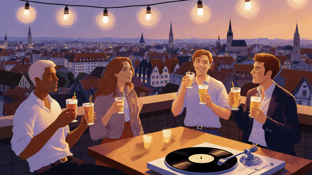 People relaxing at a Munich rooftop bar with city lights and string lights, sipping cocktails at twilight.