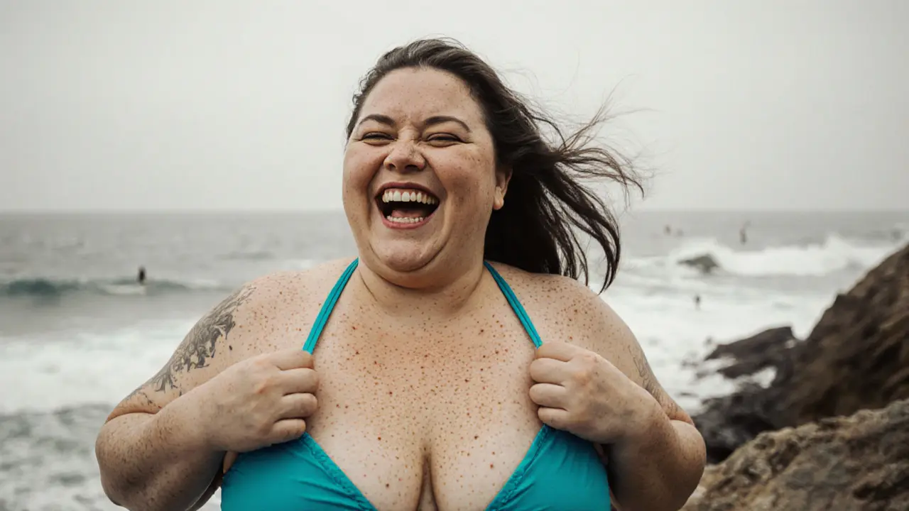 Plus-size model smiling on a cliffside, wearing a colorful bikini with ocean waves behind her.