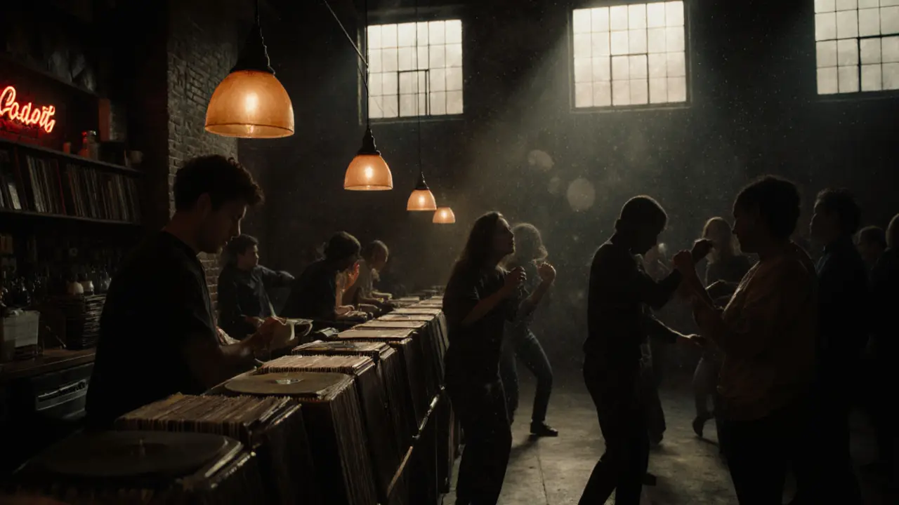 Quiet warehouse club at dawn with people dancing near a coffee counter, warm lighting and vinyl records visible.