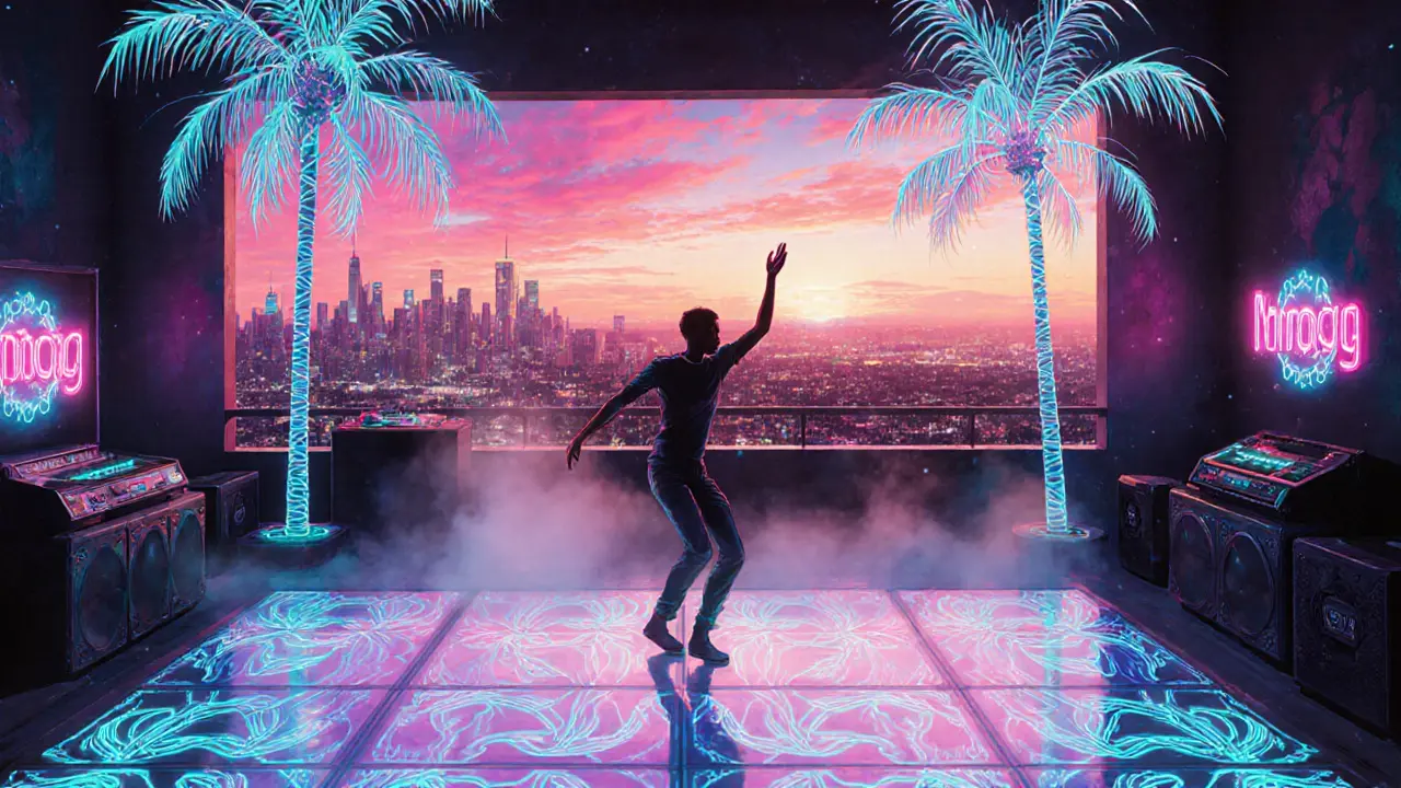 Retro-futuristic nightclub with holographic palm trees and glowing LED floor as sunrise shines through the window.