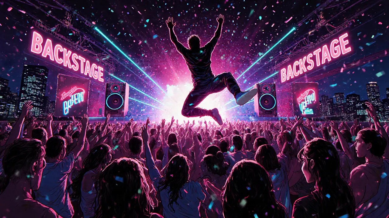 Rooftop club party at Backstage with dancers silhouetted against city lights, lasers, and pulsing bass waves at 3 a.m.