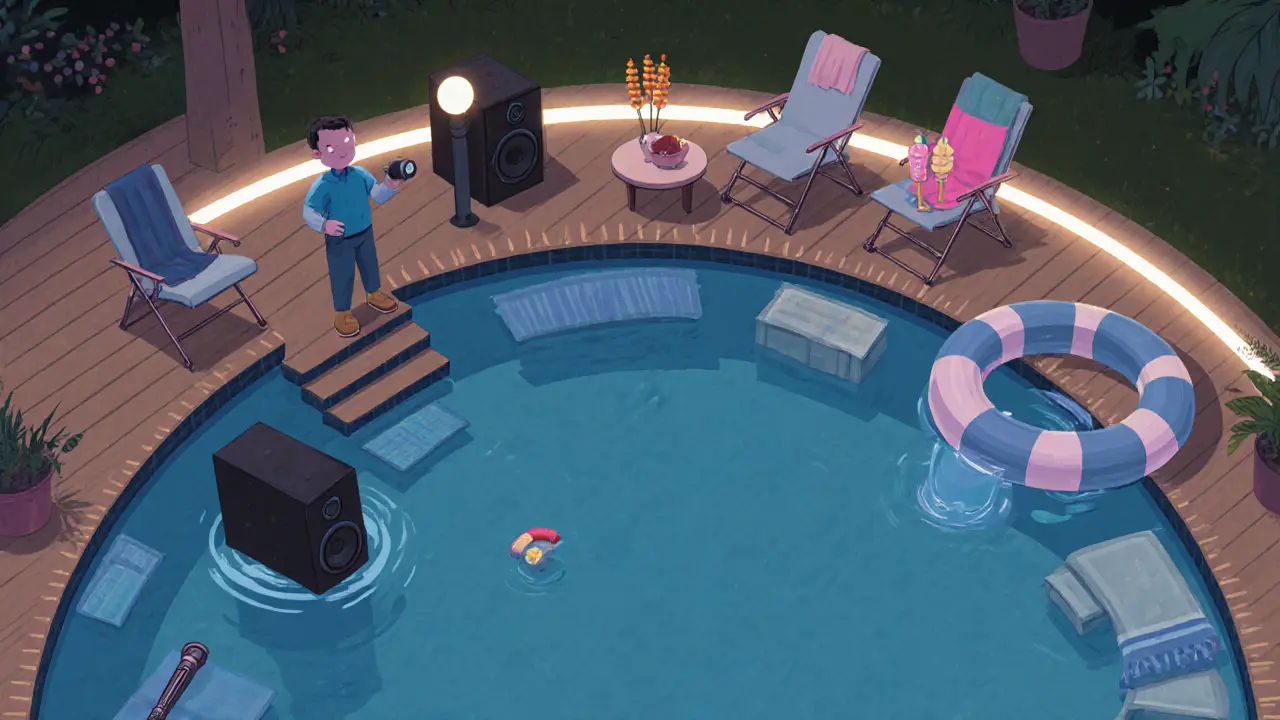 Safe pool party setup with floating speakers, towels, snacks, and a watchful host near a life ring under LED lights.