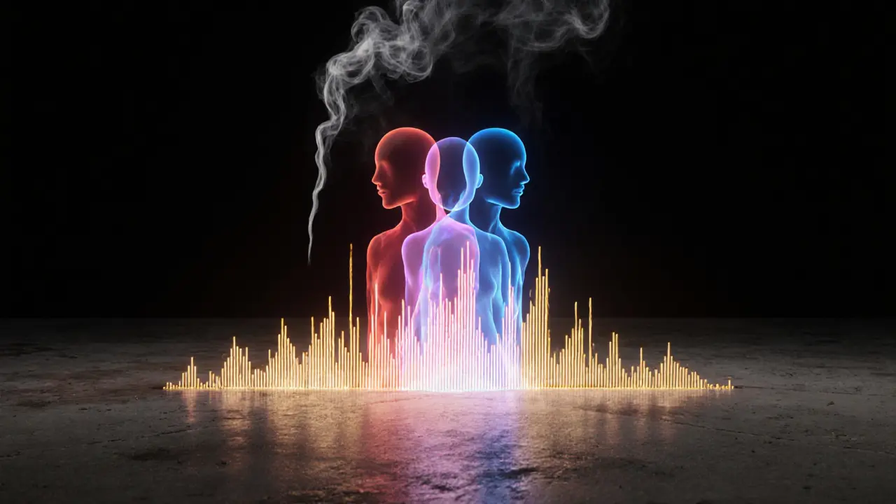 Silhouetted figures enveloped by a glowing bass waveform, representing emotional transformation through music.