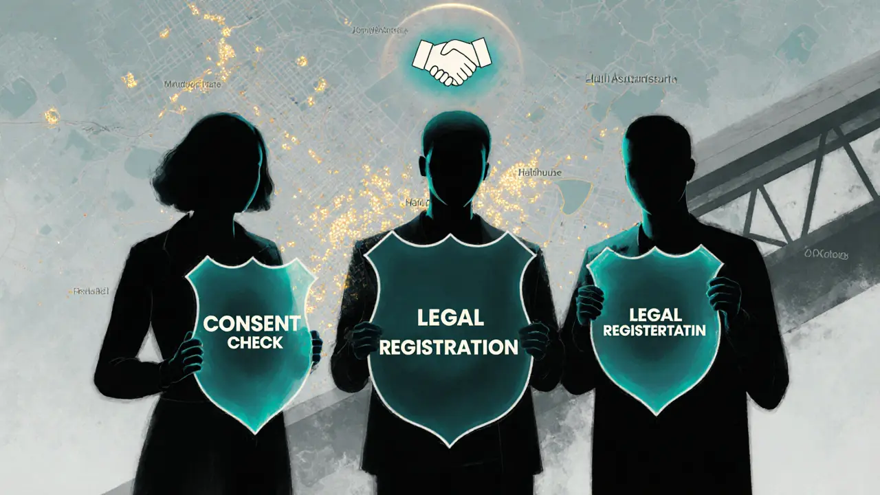 Silhouetted figures holding shields of consent and health, above a glowing map of safe Munich neighborhoods.