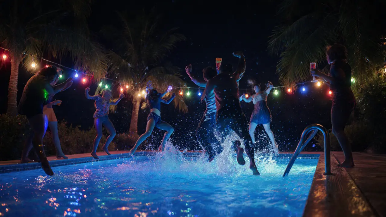 Silhouettes of people jumping into a pool lit by pulsing colored lights, water droplets sparkling in the night air.