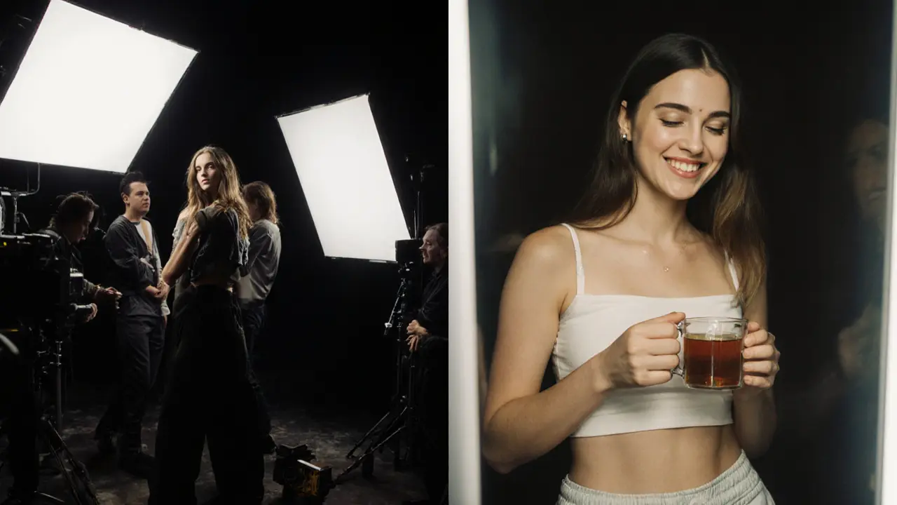 Split image showing a model on set and the same woman off-camera, tired but proud.