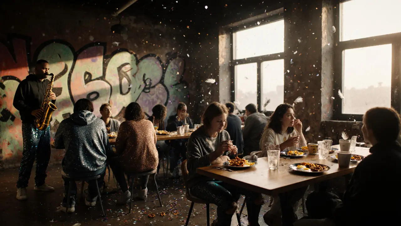 Sunrise breakfast in a club with patrons eating pretzels as graffiti fades on the walls.