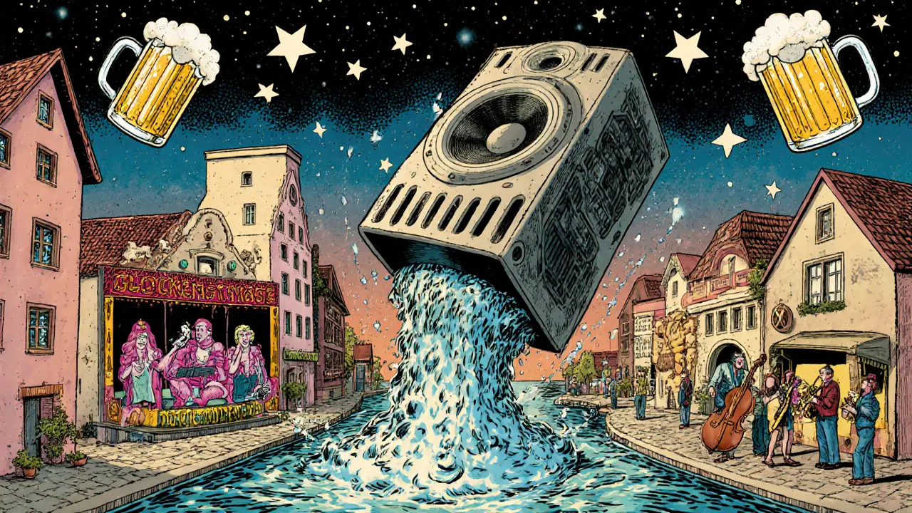 Surreal comic-style cityscape where music venues float as islands connected by rivers of sound.