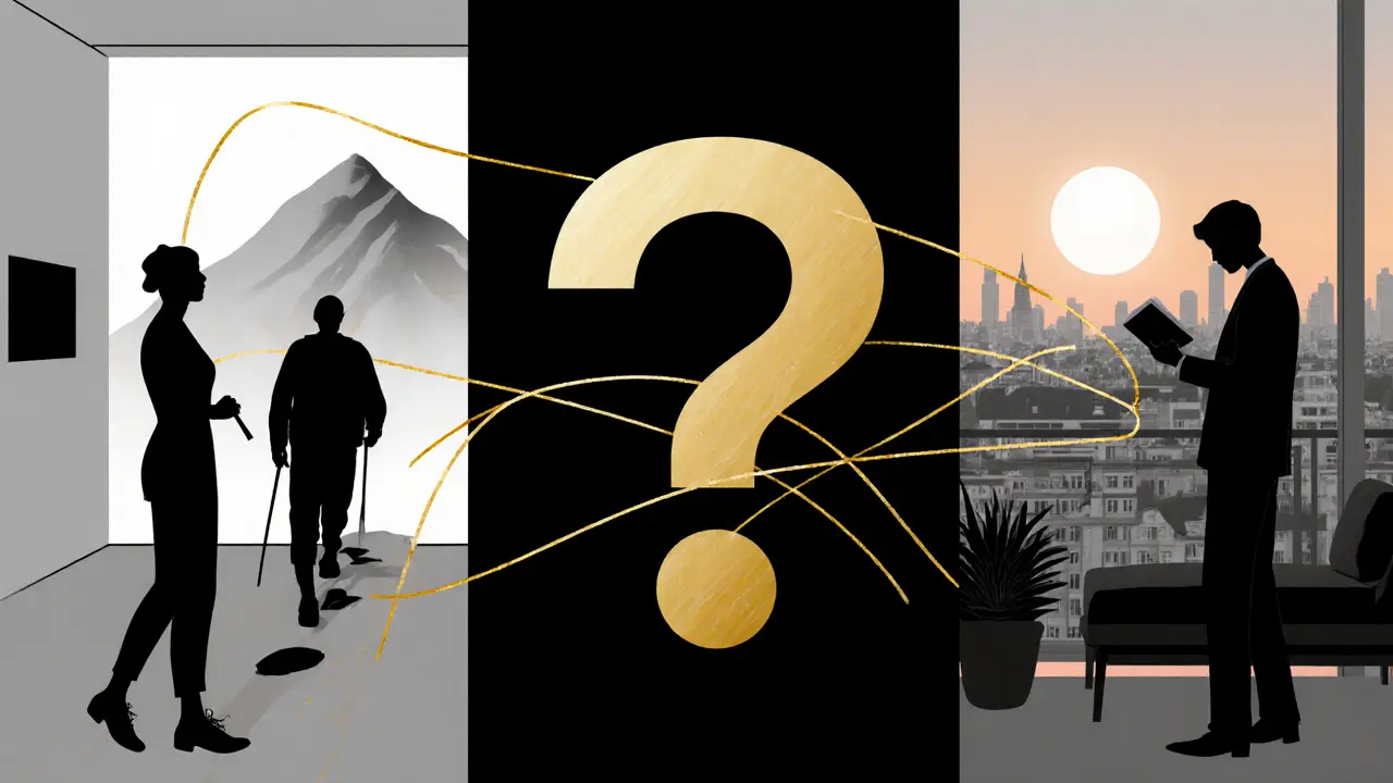 Three abstract figures representing different forms of companionship, connected by golden threads against a Munich dusk skyline.