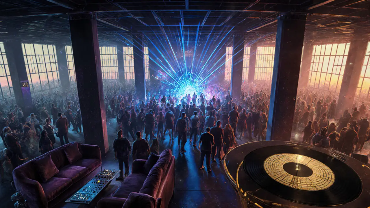 Three distinct music zones inside Pacha Munich at dawn with soft morning light