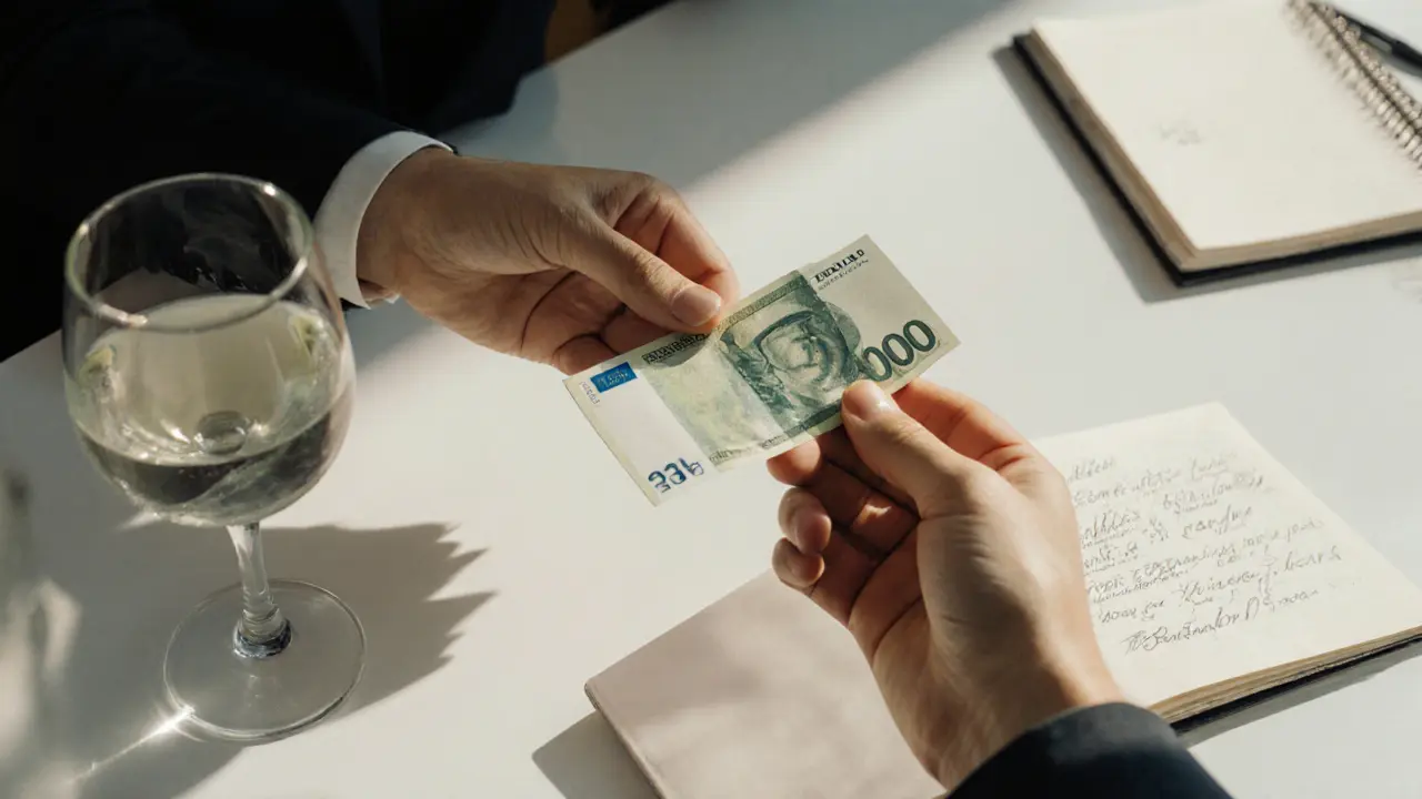 Two hands exchanging payment on a hotel desk, wine glass and notebook in background, no faces visible.