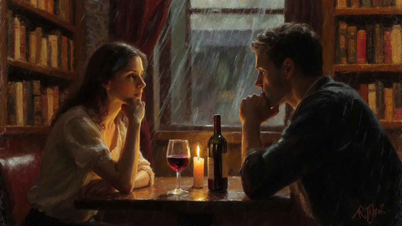 Two people in quiet conversation in a candlelit cellar bar, sharing wine and thoughtful silence.
