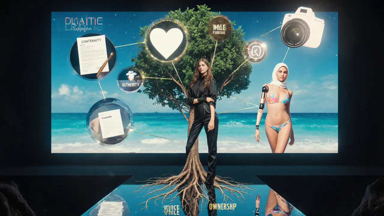 Valentina Sampaio as a model-CEO with floating symbols of influence, standing before her brand’s digital billboard.