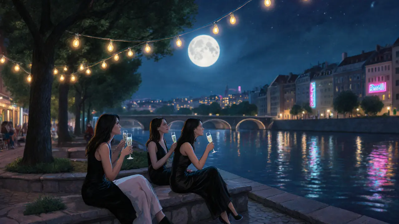 Women enjoying sparkling wine on a riverside terrace in Munich under string lights and moonlight.