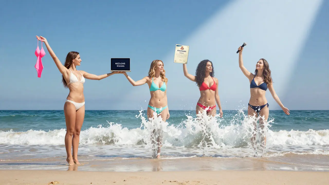 A bikini model evolving into an entrepreneur with symbols of social media, coaching, and content creation rising around her.