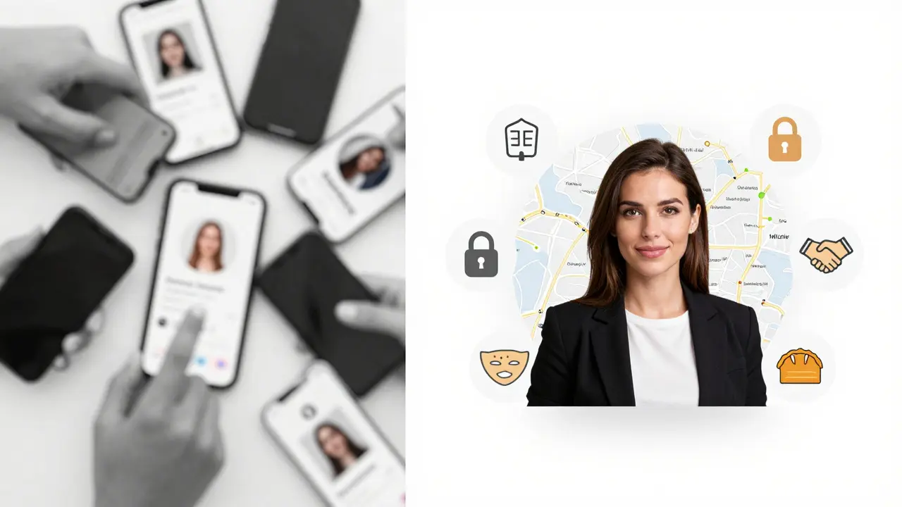 A conceptual split image: chaotic dating app screens on the left, a serene professional escort profile on the right.