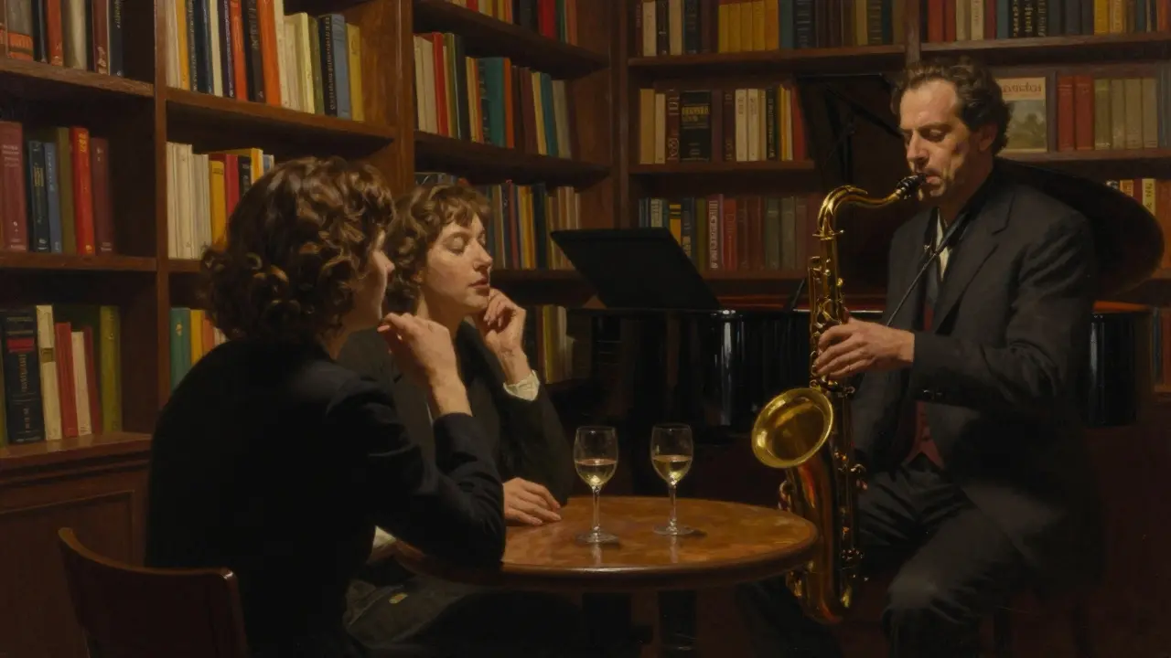 A couple enjoys live jazz in a hidden club beneath a bookstore, surrounded by books and soft lighting.