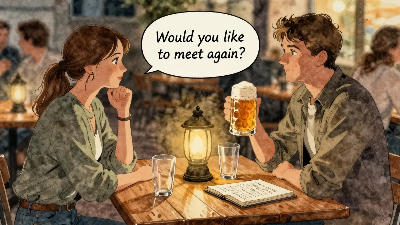 A couple in a Munich beer garden communicates respectfully over drinks, no physical touch, only quiet verbal connection.