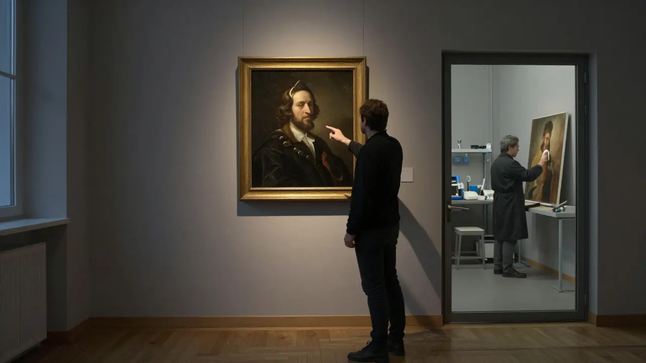 A former curator points out brushstrokes in a Rembrandt painting during a quiet, pre-opening private tour at the Alte Pinakothek.