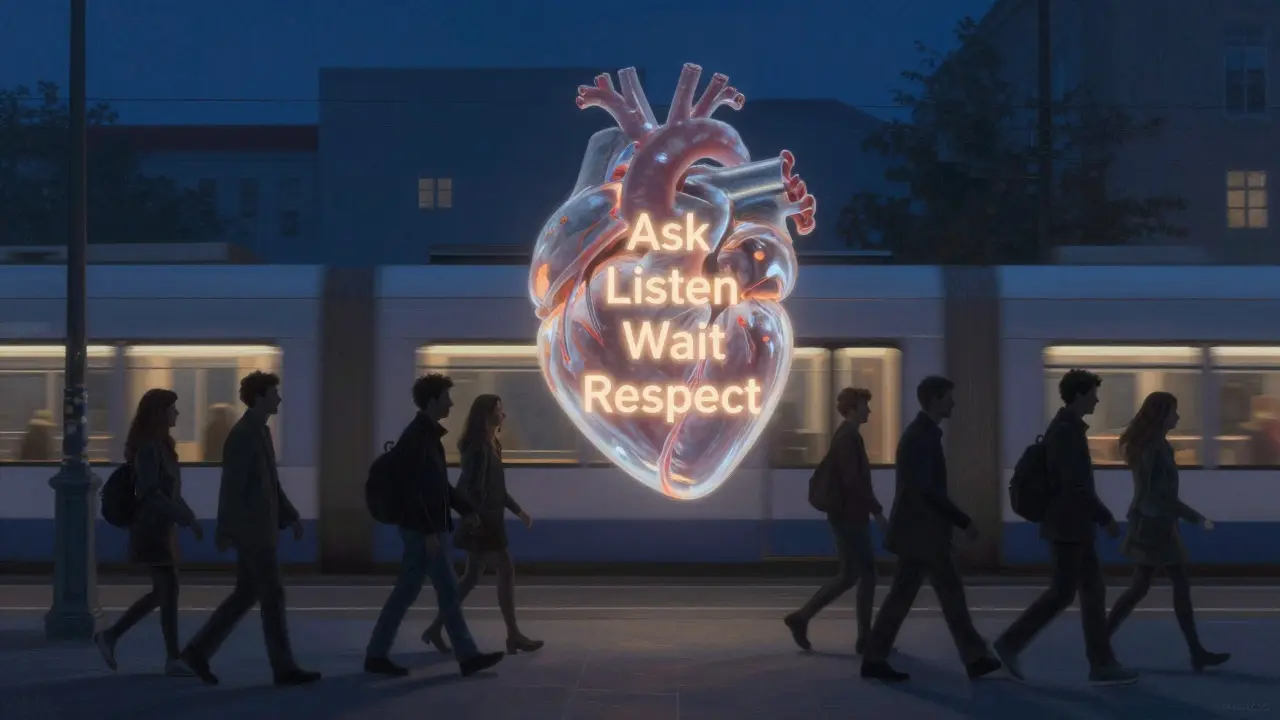A glowing heart with words &#039;Ask, Listen, Wait, Respect&#039; floats above a Munich tram, symbolizing consent as cultural foundation.