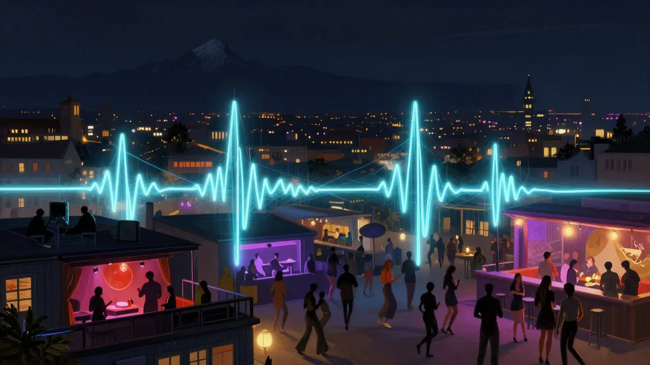 A glowing network of light connecting Munich&#039;s clubs, with silhouettes of dancers and the Alps in the background.