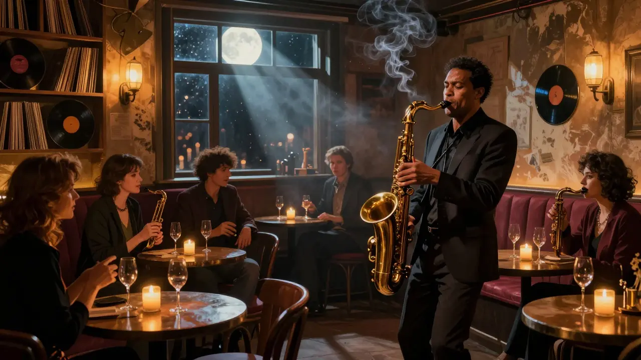 A jazz musician playing saxophone in a cozy, candlelit basement lounge with patrons listening in quiet awe.