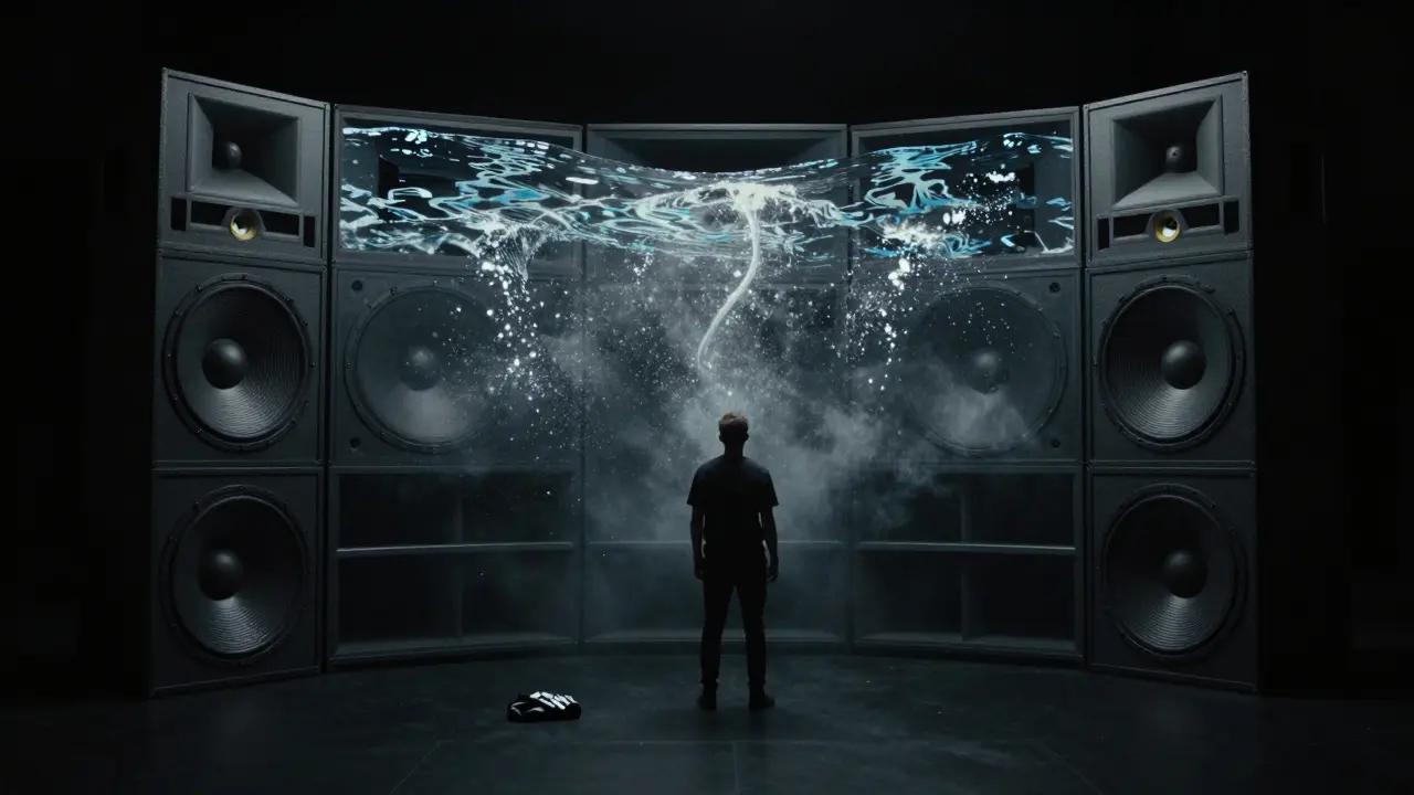 A lone figure beside a massive sound system, bass waves visible in the air, dust glowing in the light.