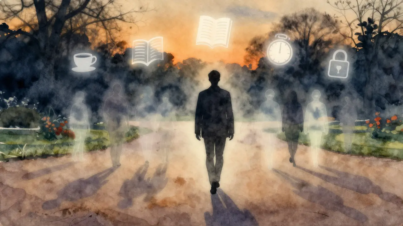 A lone figure walks through English Garden at dusk, surrounded by symbolic icons of connection and safety.