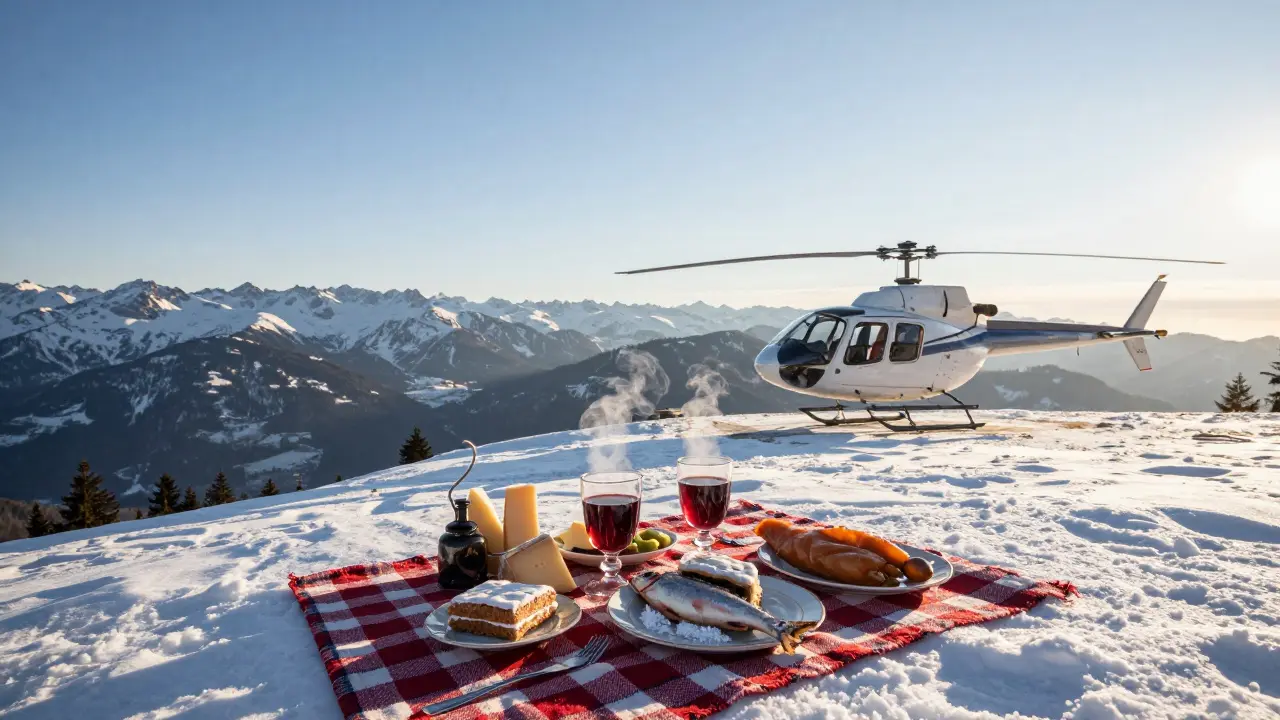 A luxury alpine picnic on a snow-covered mountain ridge with spiced wine, baked treats, and panoramic views of the Bavarian Alps.