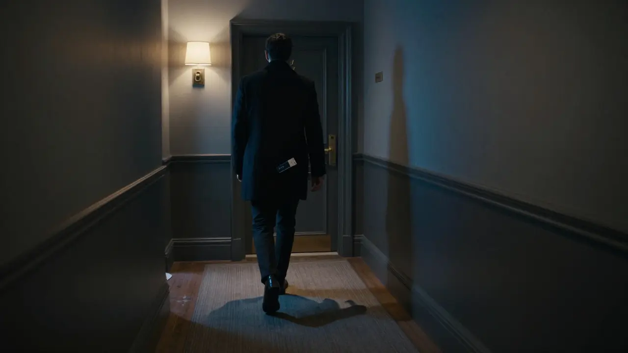 A man leaving a private hotel room in a dimly lit hallway, no identifiers visible.