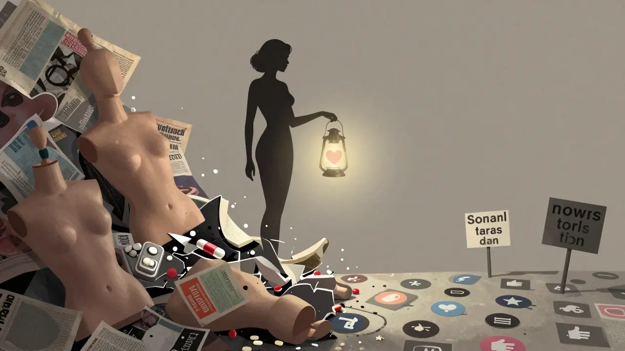 A model's silhouette rising from broken beauty standards, holding a glowing heart-shaped lantern.