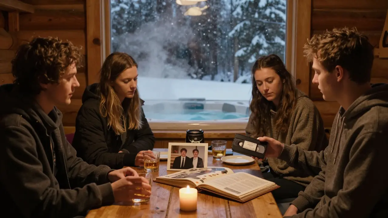 A quiet evening in a rustic lodge, friends reflecting beside a scrapbook and flickering candle.