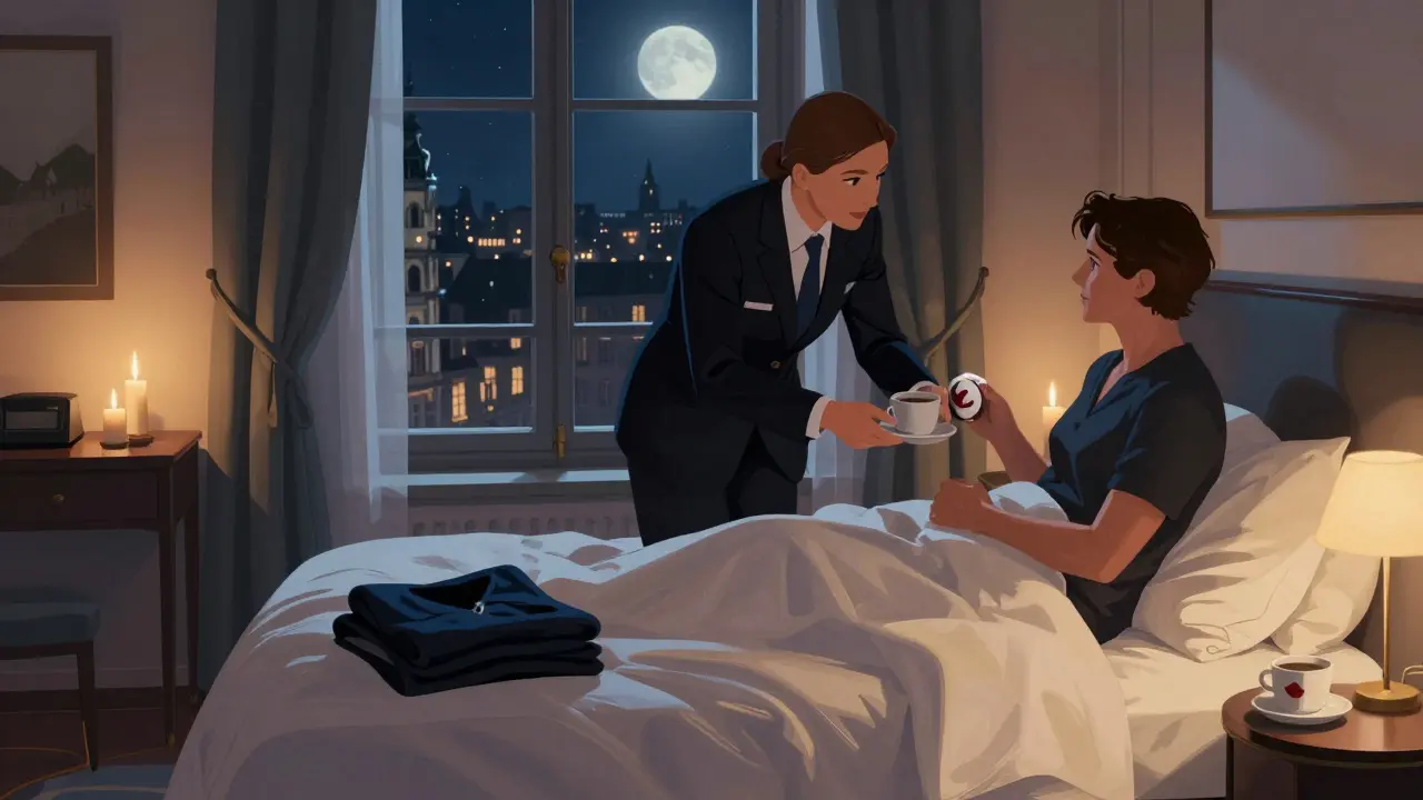 A quiet hotel room in Munich at night, candlelight illuminating two coffee cups and an open window with city views.