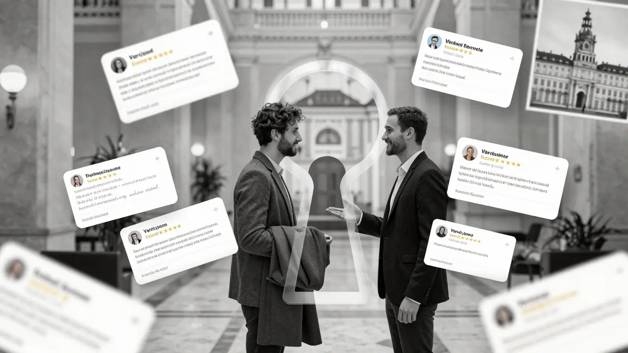 A transparent keyhole reveals a respectful moment in a hotel lobby, with floating symbols of trust and verification.