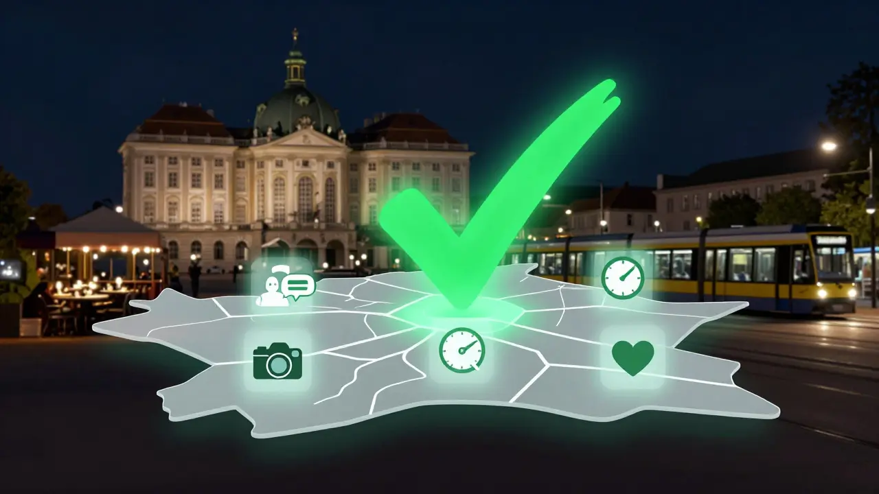 A verified escort profile symbolized by a green checkmark over a map of Munich with key icons.