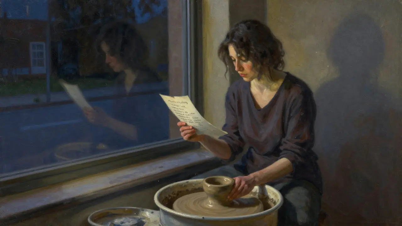 A woman holds a poem beside her pottery wheel, lit by a single lamp, gazing out a night window.