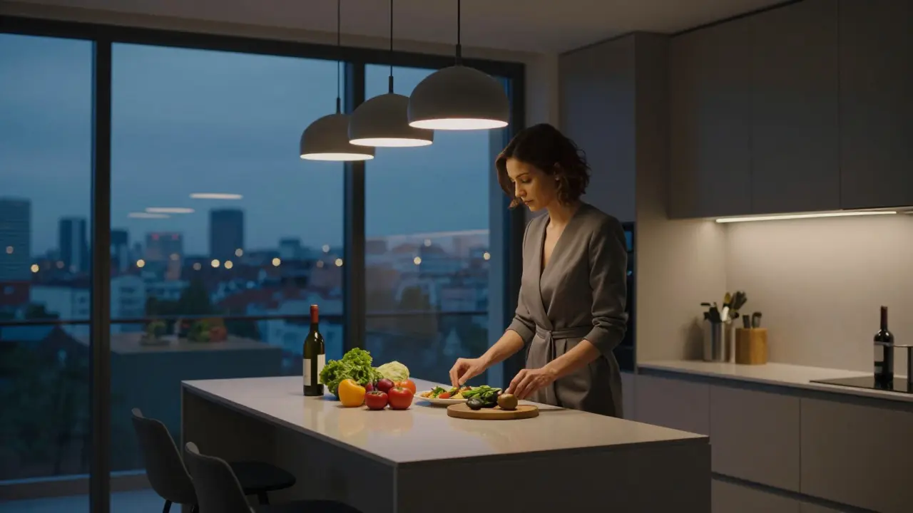 A woman preparing dinner in a modern Munich apartment with city lights glowing in the background.