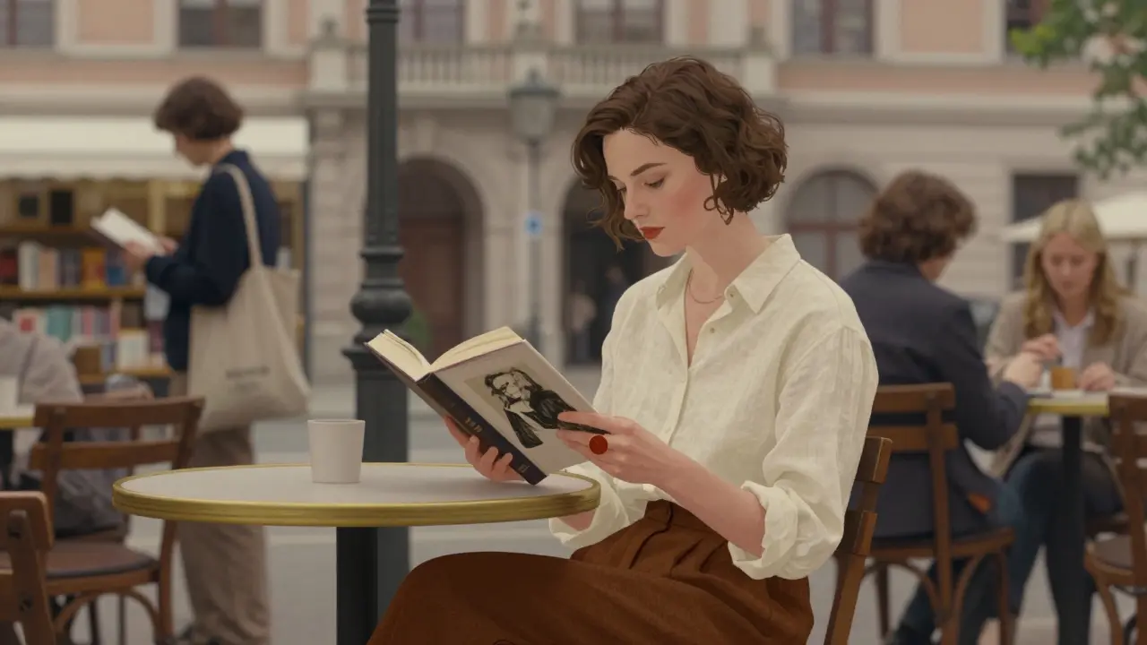 A woman reads an art book at a café in Maxvorstadt, dressed in minimalist linen and wool, surrounded by blurred city life.