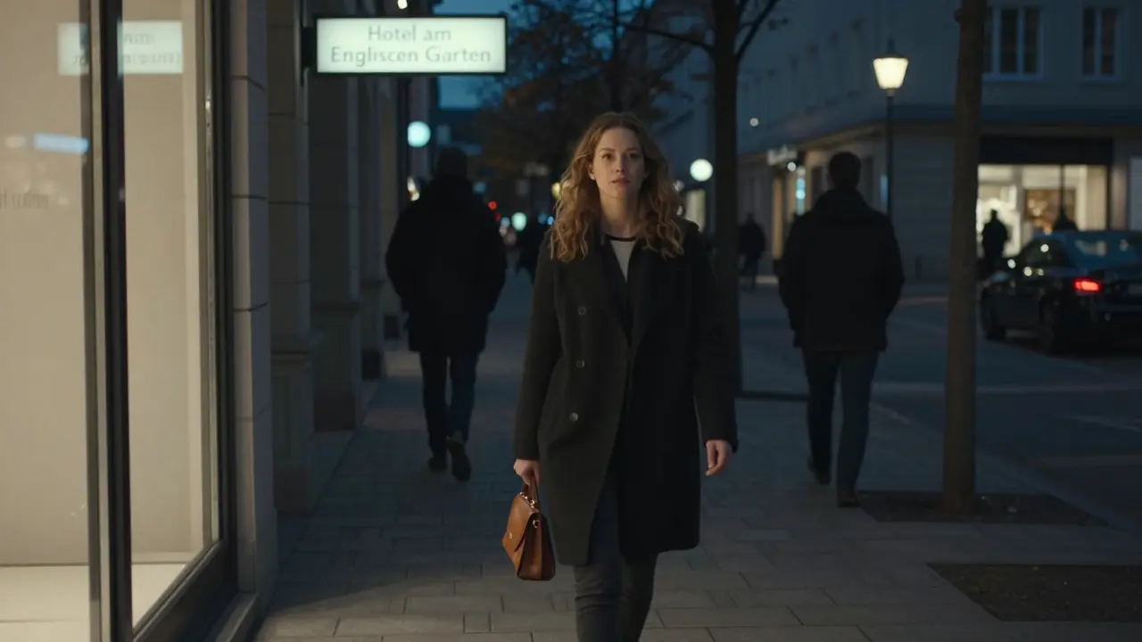 A woman walks confidently at night in Schwabing, Munich, her reflection visible in a shop window under soft hotel lights.