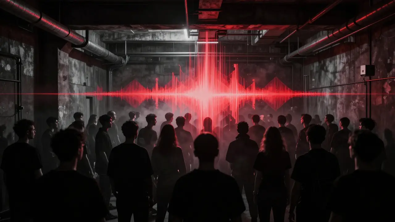 Abstract soundwaves rising from a hidden basement crowd, industrial neon glow.