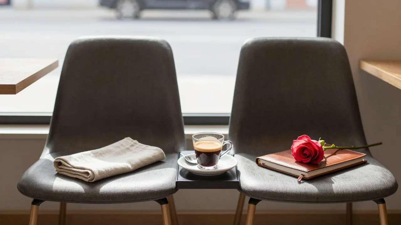 An empty café table in Munich with a coffee cup, napkin, and rose, suggesting an awaited, discreet meeting.