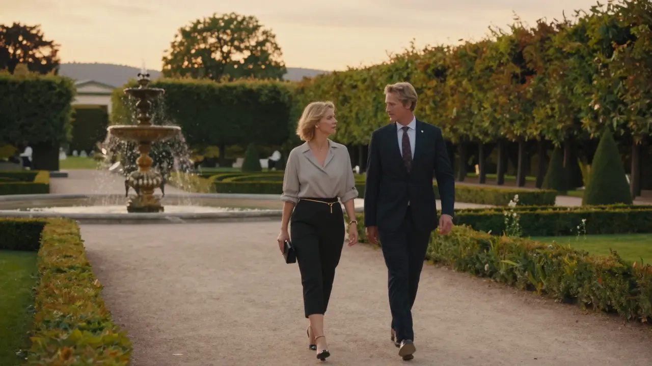 An escort and client walking peacefully through Nymphenburg Palace gardens at sunset, elegant and discreet.