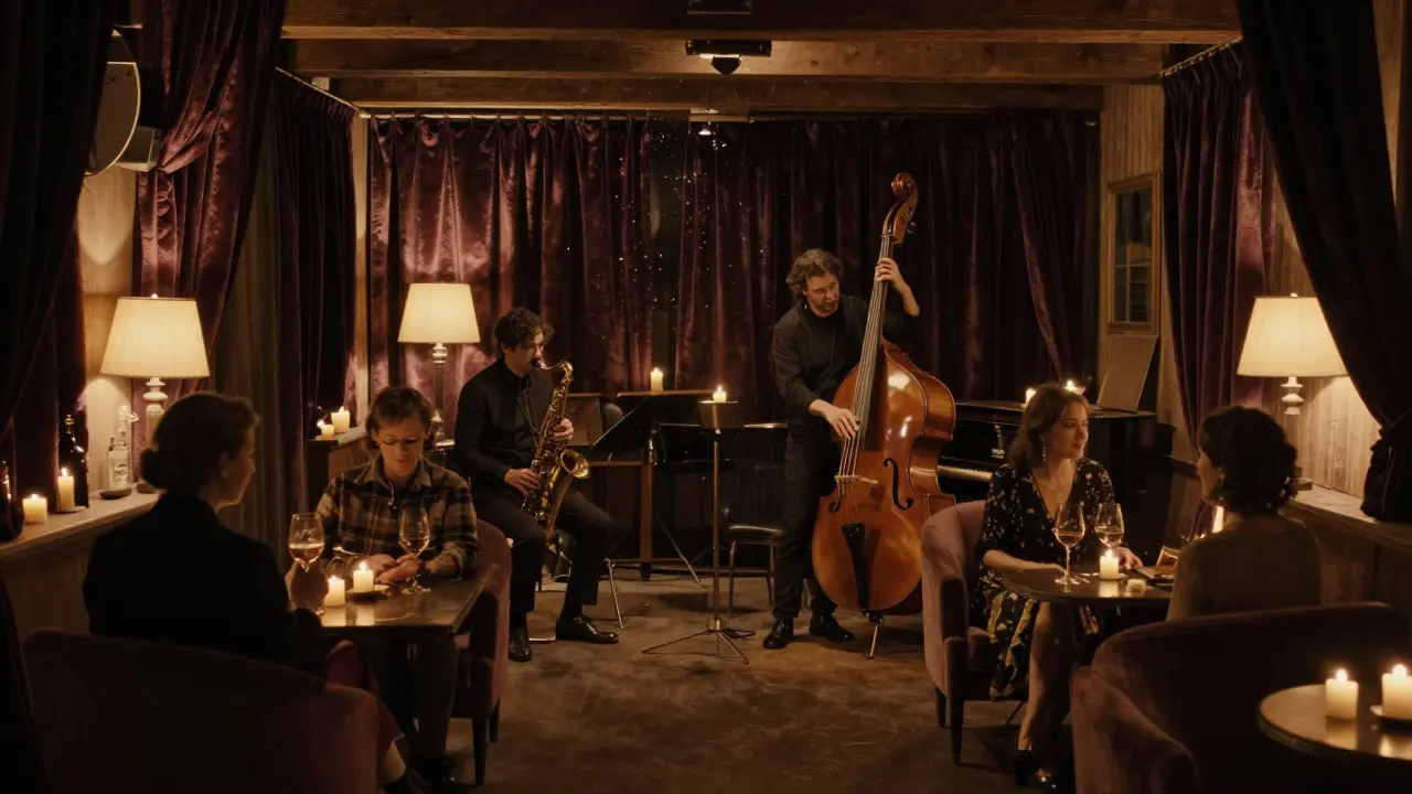 Candlelit jazz trio performing in a cozy art studio with patrons relaxing in armchairs.