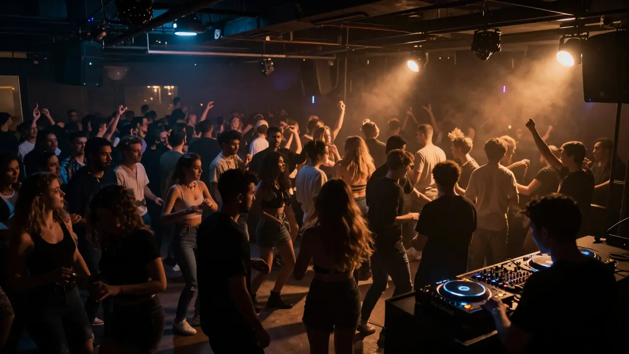 Crowd dancing on the club floor under pulsing, rhythm-synced lights with a low ceiling and analog DJ setup.